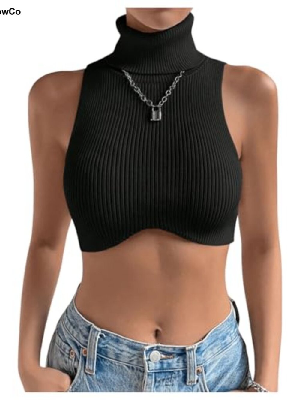 Ribbed Knit Sleeveless Turtleneck Crop Tank Top
